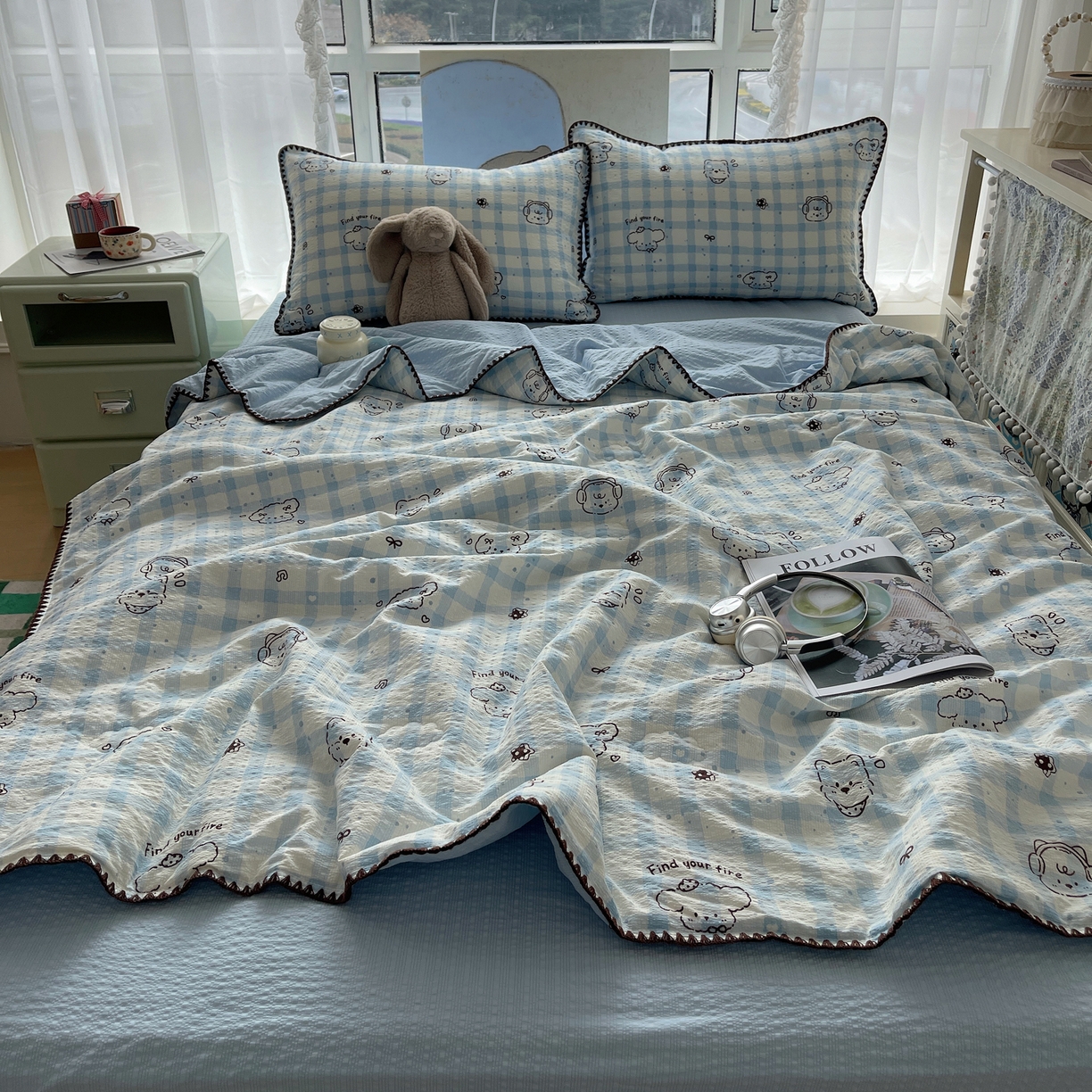 91家纺网 家纺一手货源 找家纺 几禾 2026春夏新款泡芙纱贝壳边夏被夏凉被空调被四件套 欧包-机智蓝狗