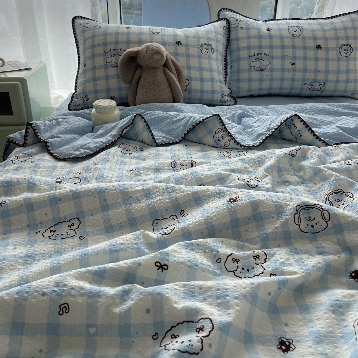 91家纺网 家纺一手货源 找家纺 几禾 2026春夏新款泡芙纱贝壳边夏被夏凉被空调被四件套 欧包-机智蓝狗