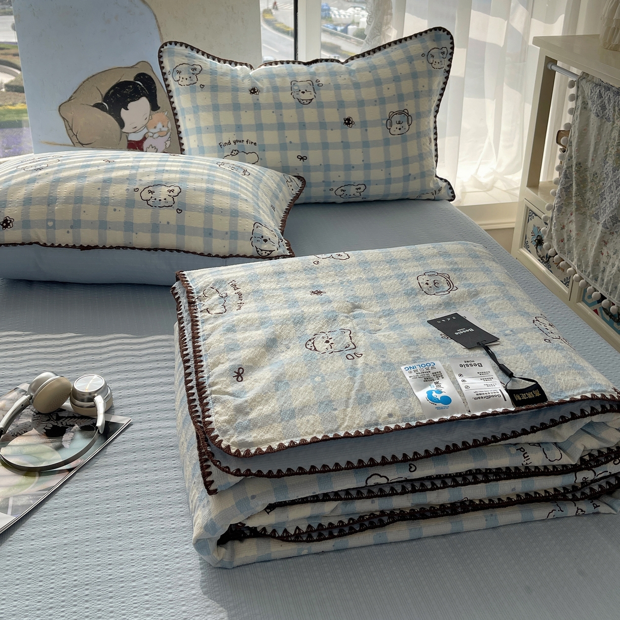 几禾 2026春夏新款泡芙纱贝壳边夏被夏凉被空调被四件套 欧包-机智蓝狗