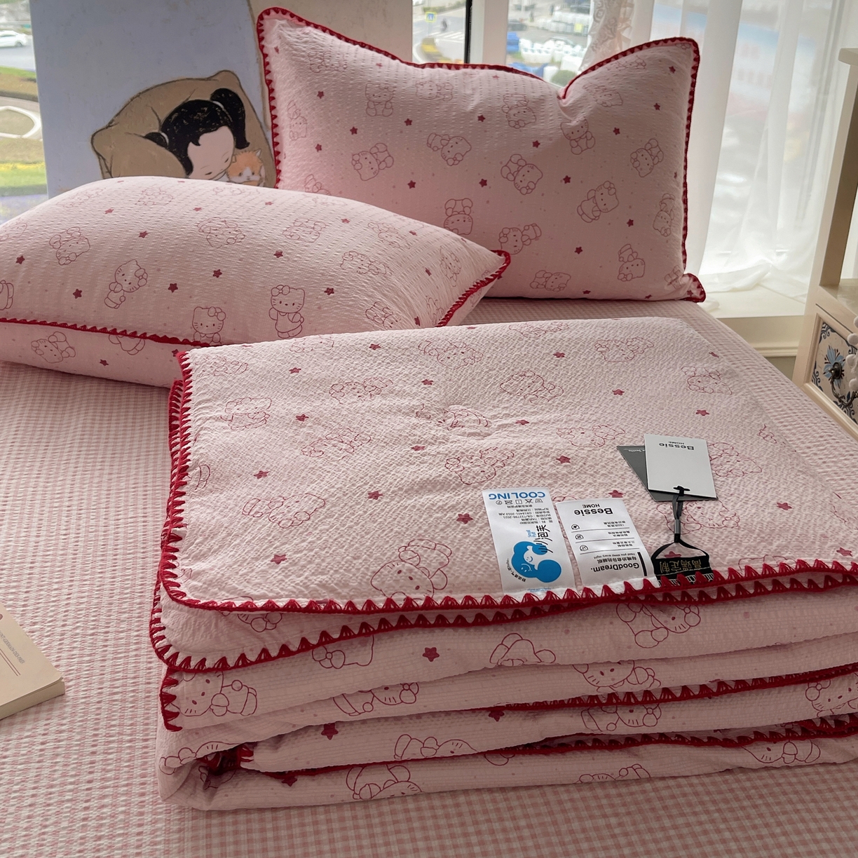 几禾 2026春夏新款泡芙纱贝壳边夏被夏凉被空调被四件套 欧包-描线小猫粉