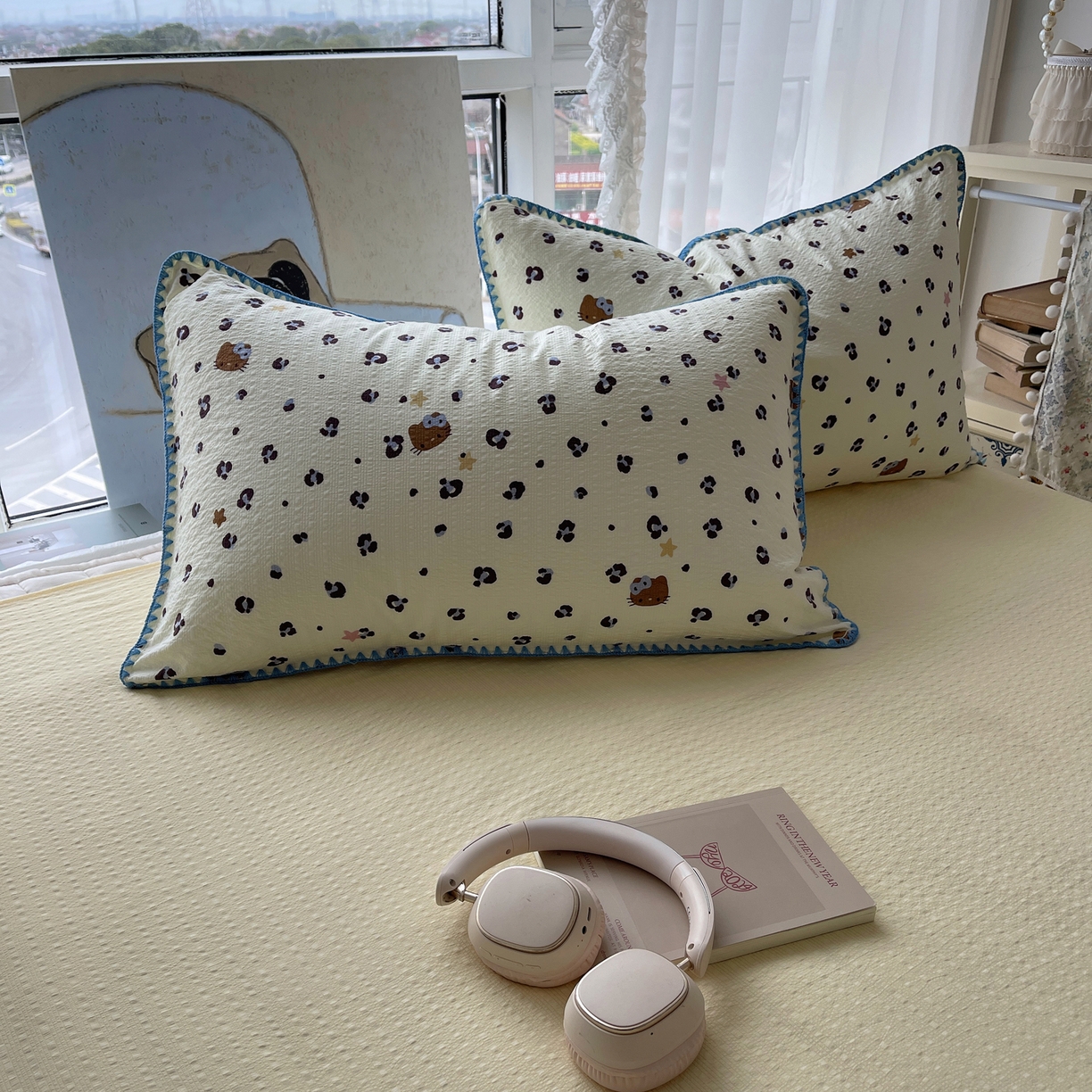 91家纺网 家纺一手货源 找家纺 几禾 2026春夏新款泡芙纱贝壳边夏被夏凉被空调被四件套 欧包-豹纹蓝星