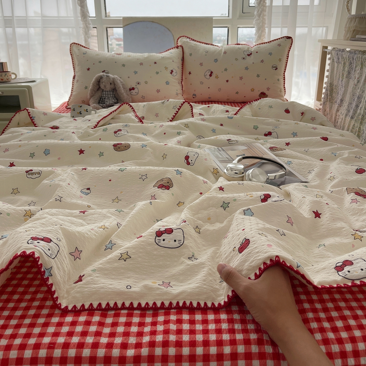 91家纺网 家纺一手货源 找家纺 几禾 2026春夏新款泡芙纱贝壳边夏被夏凉被空调被四件套 欧包-星芒凯蒂