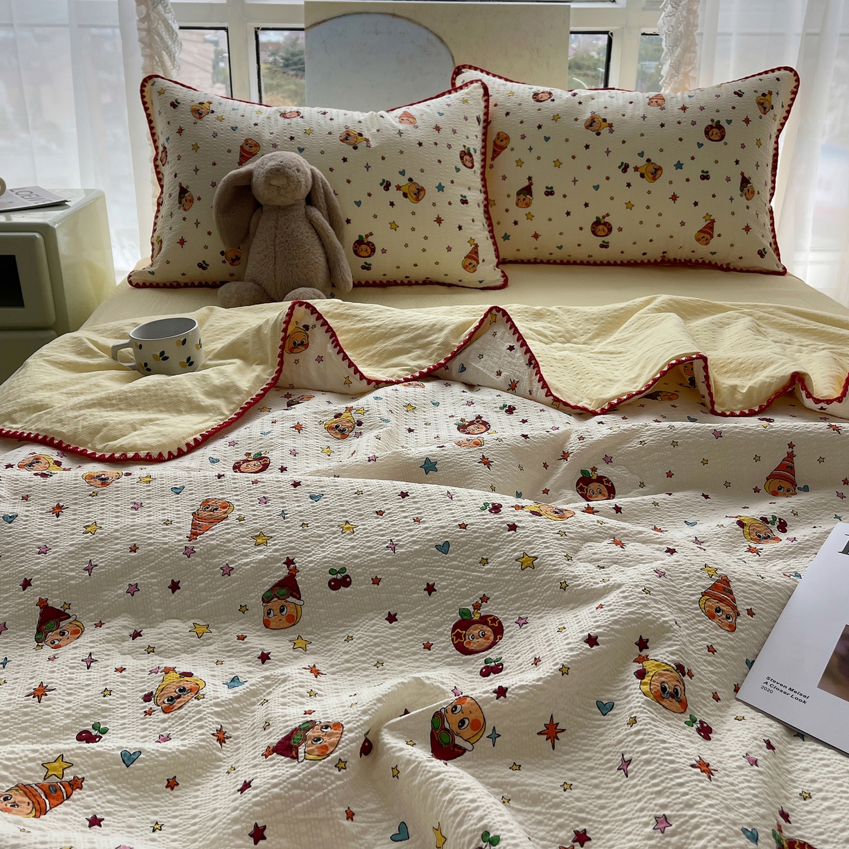 91家纺网 家纺一手货源 找家纺 几禾 2026春夏新款泡芙纱贝壳边夏被夏凉被空调被四件套 欧包-旧街星星