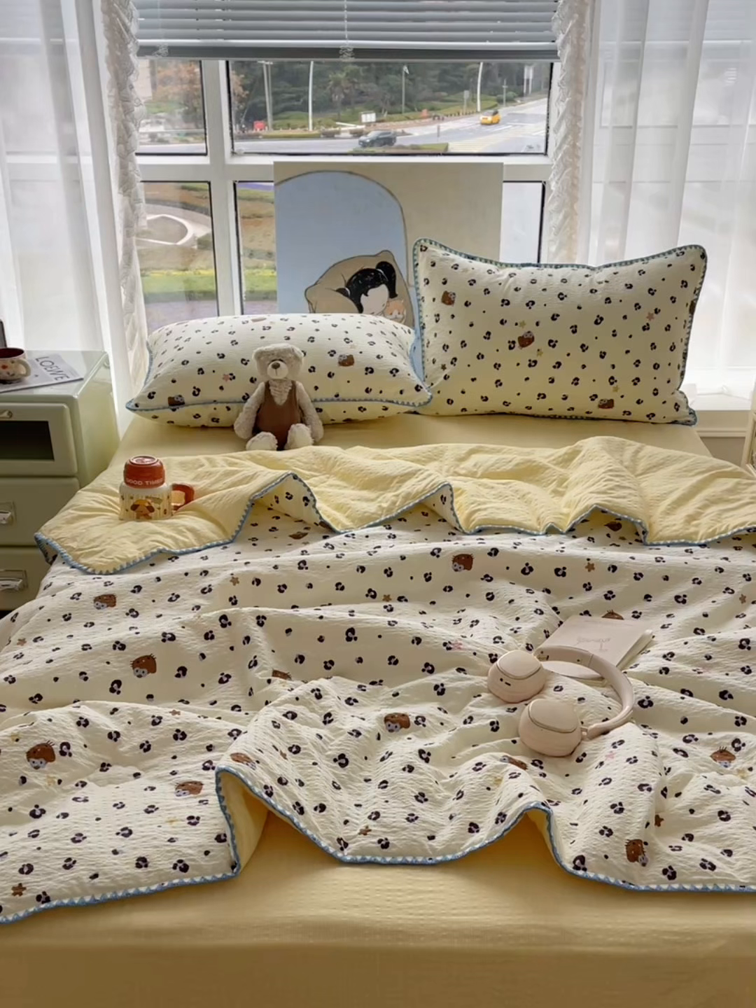 91家纺网 家纺一手货源 找家纺 几禾 2026春夏新款泡芙纱贝壳边夏被夏凉被空调被四件套 欧包-豹纹蓝星