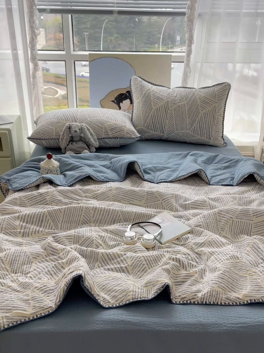 91家纺网 家纺一手货源 找家纺 几禾 2026春夏新款泡芙纱贝壳边夏被夏凉被空调被四件套 欧包-浅川纹