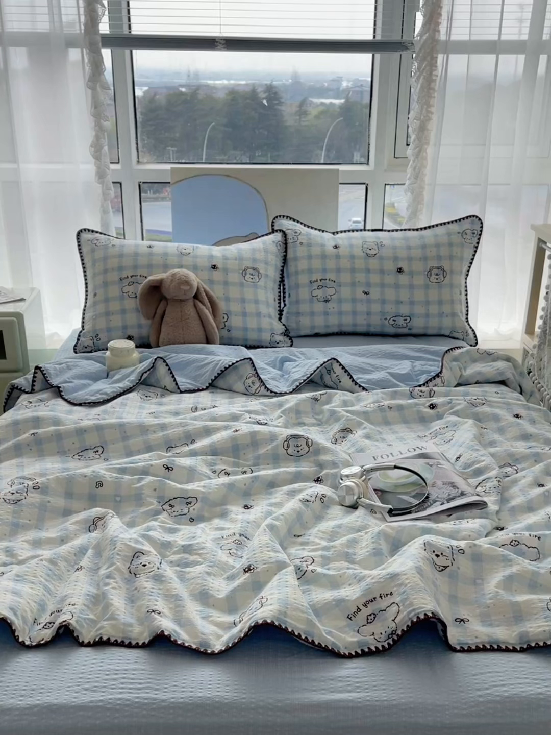 91家纺网 家纺一手货源 找家纺 几禾 2026春夏新款泡芙纱贝壳边夏被夏凉被空调被四件套 欧包-机智蓝狗