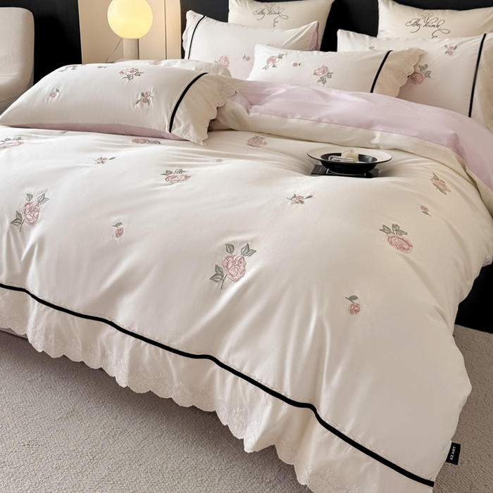 91家纺网 家纺一手货源 找家纺 卡姿家纺 2026春夏全棉小法式气质款刺绣四件套—菲琳 菲琳奶白