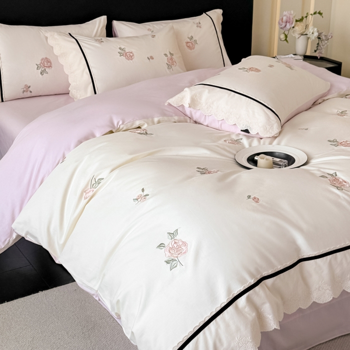 91家纺网 家纺一手货源 找家纺 卡姿家纺 2026春夏全棉小法式气质款刺绣四件套—菲琳 菲琳奶白