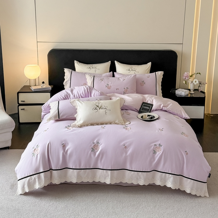 91家纺网 家纺一手货源 找家纺 卡姿家纺 2026春夏全棉小法式气质款刺绣四件套—菲琳 菲琳紫