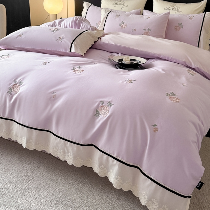 91家纺网 家纺一手货源 找家纺 卡姿家纺 2026春夏全棉小法式气质款刺绣四件套—菲琳 菲琳紫