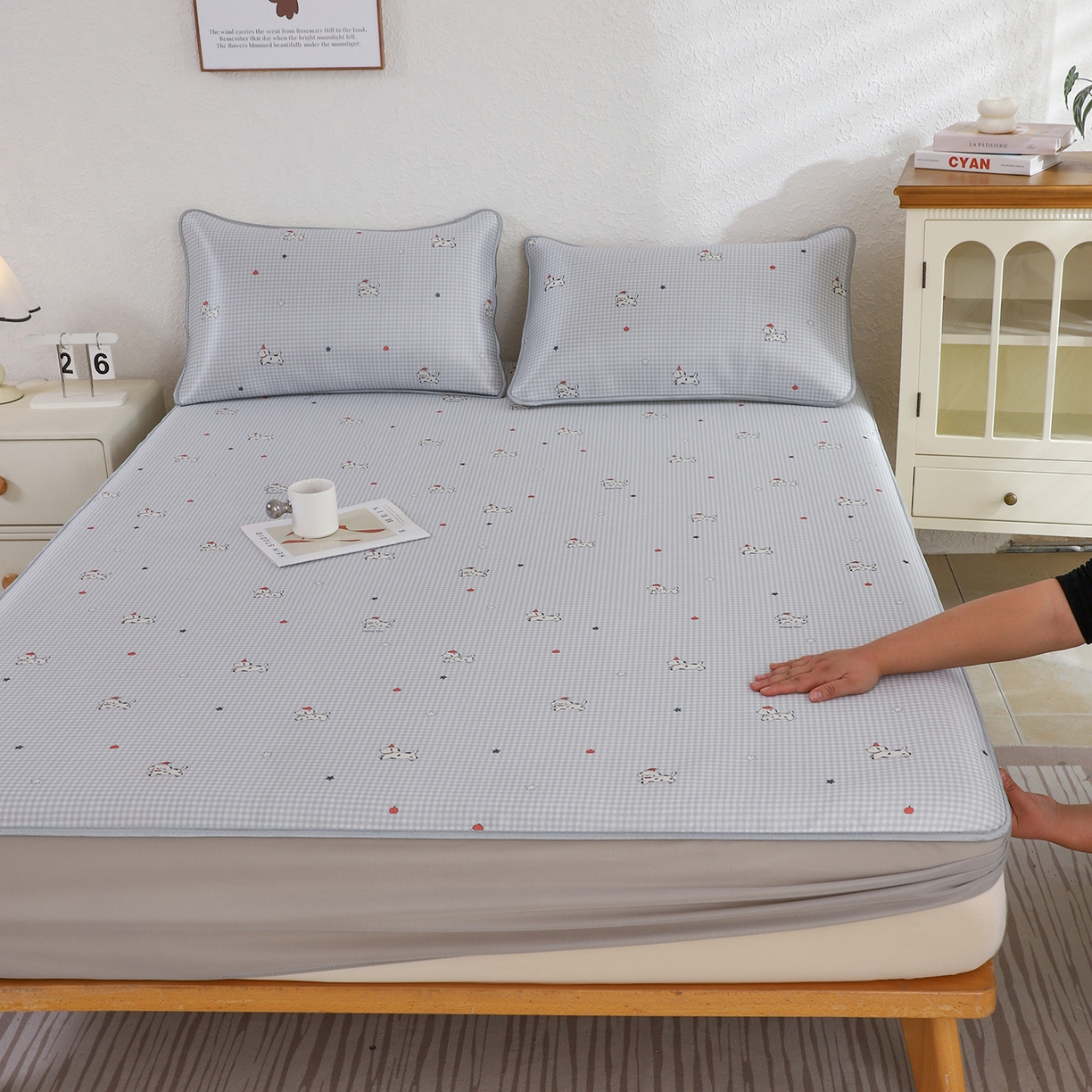 小萌虎 2026新款碳光冰丝凉席床笠款拍法二 斑点狗-灰