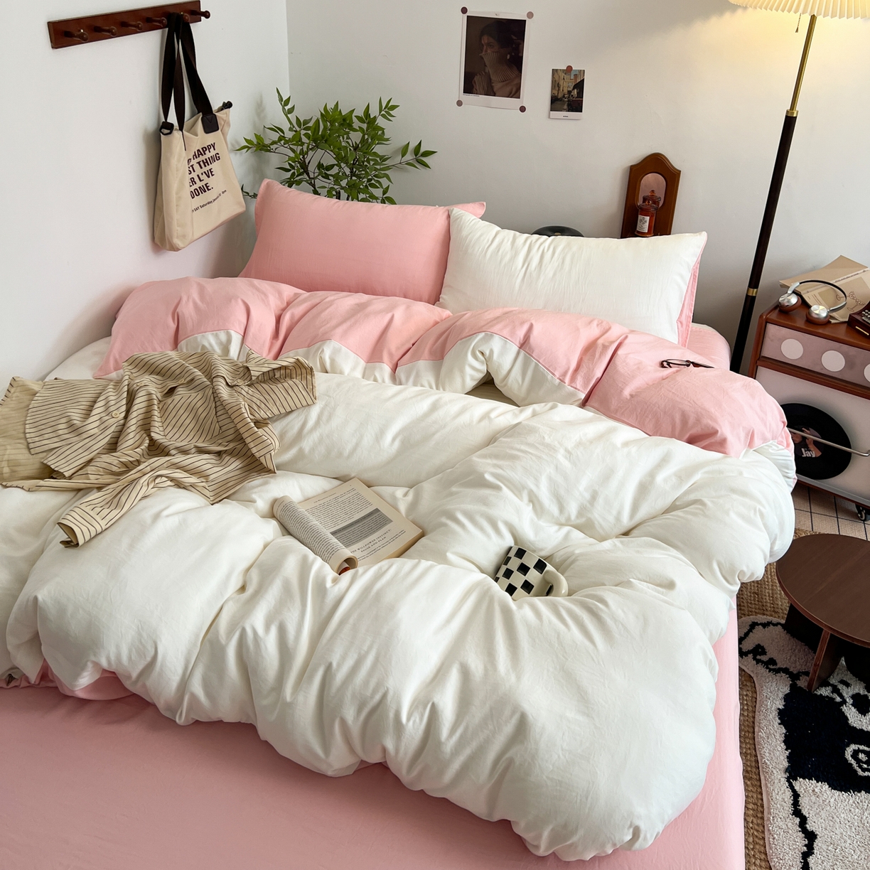 91家纺网 家纺一手货源 找家纺 （总）梦嘉居 2026新款亲肤纯色AB版水洗皱皱棉四件套学生宿舍床单床笠三件套