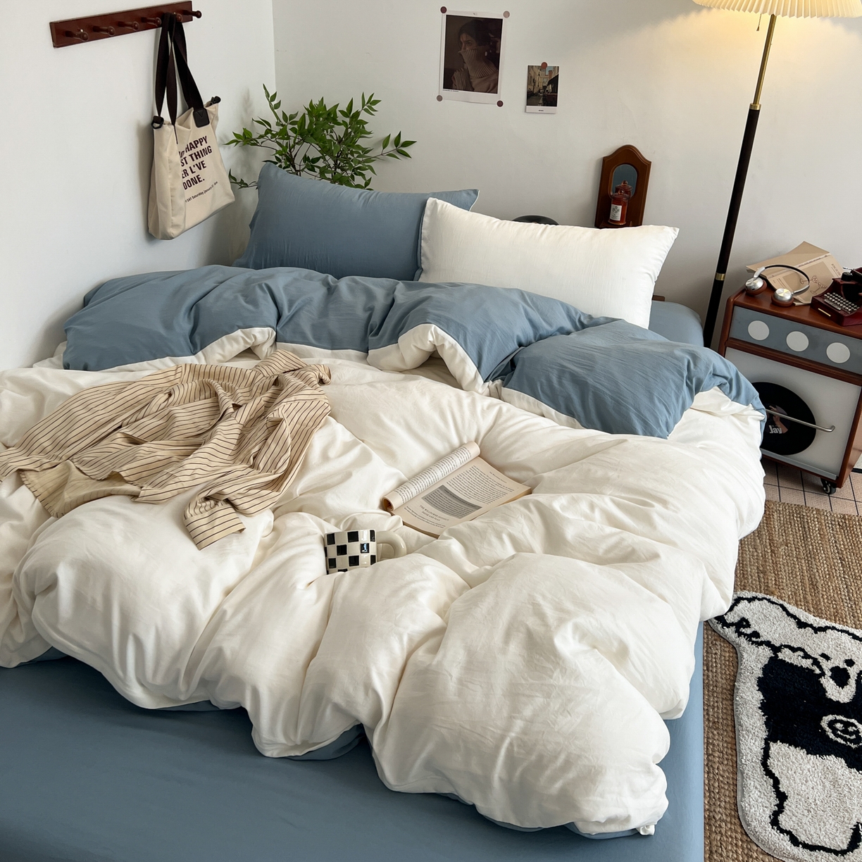 91家纺网 家纺一手货源 找家纺 （总）梦嘉居 2026新款亲肤纯色AB版水洗皱皱棉四件套学生宿舍床单床笠三件套