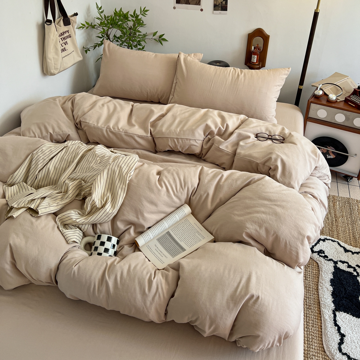 91家纺网 家纺一手货源 找家纺 （总）梦嘉居 2026新款亲肤纯色AB版水洗皱皱棉四件套学生宿舍床单床笠三件套