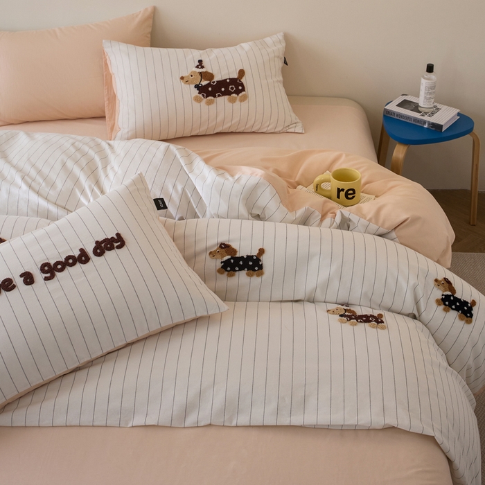 卡姿家纺 全棉色织水洗棉毛巾绣四件套—小狗约克 小狗约克-黑细条纹