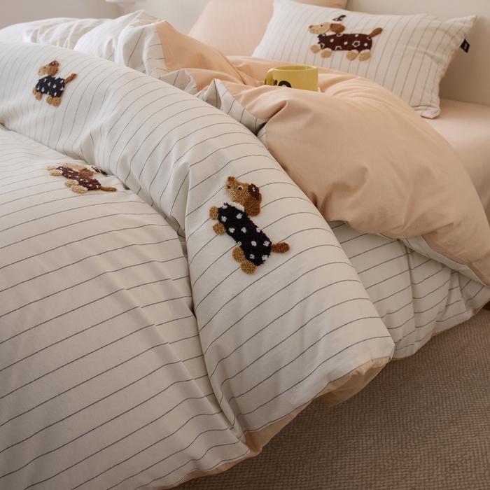 91家纺网 家纺一手货源 找家纺 卡姿家纺 全棉色织水洗棉毛巾绣四件套—小狗约克 小狗约克-黑细条纹