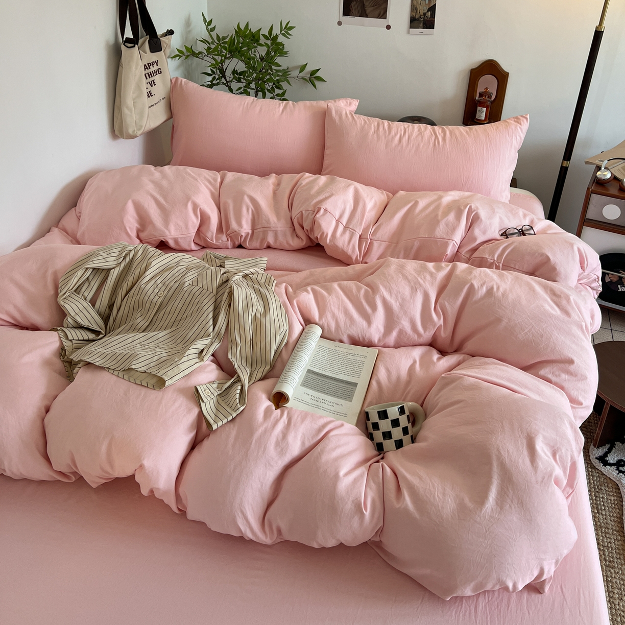 91家纺网 家纺一手货源 找家纺 （总）梦嘉居 2026新款亲肤纯色AB版水洗皱皱棉四件套学生宿舍床单床笠三件套