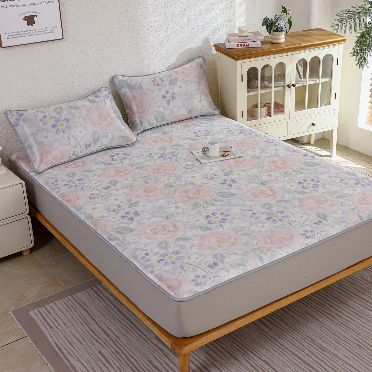 91家纺网 家纺一手货源 找家纺 小萌虎 2026新款碳光冰丝凉席床笠款拍法二 花田