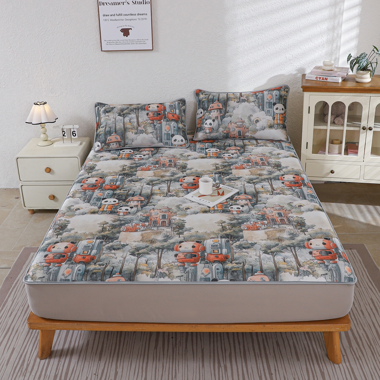 91家纺网 家纺一手货源 找家纺 小萌虎 2026新款碳光冰丝凉席床笠款拍法二 机器城堡