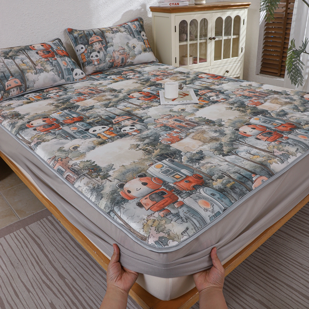 91家纺网 家纺一手货源 找家纺 小萌虎 2026新款碳光冰丝凉席床笠款拍法二 机器城堡