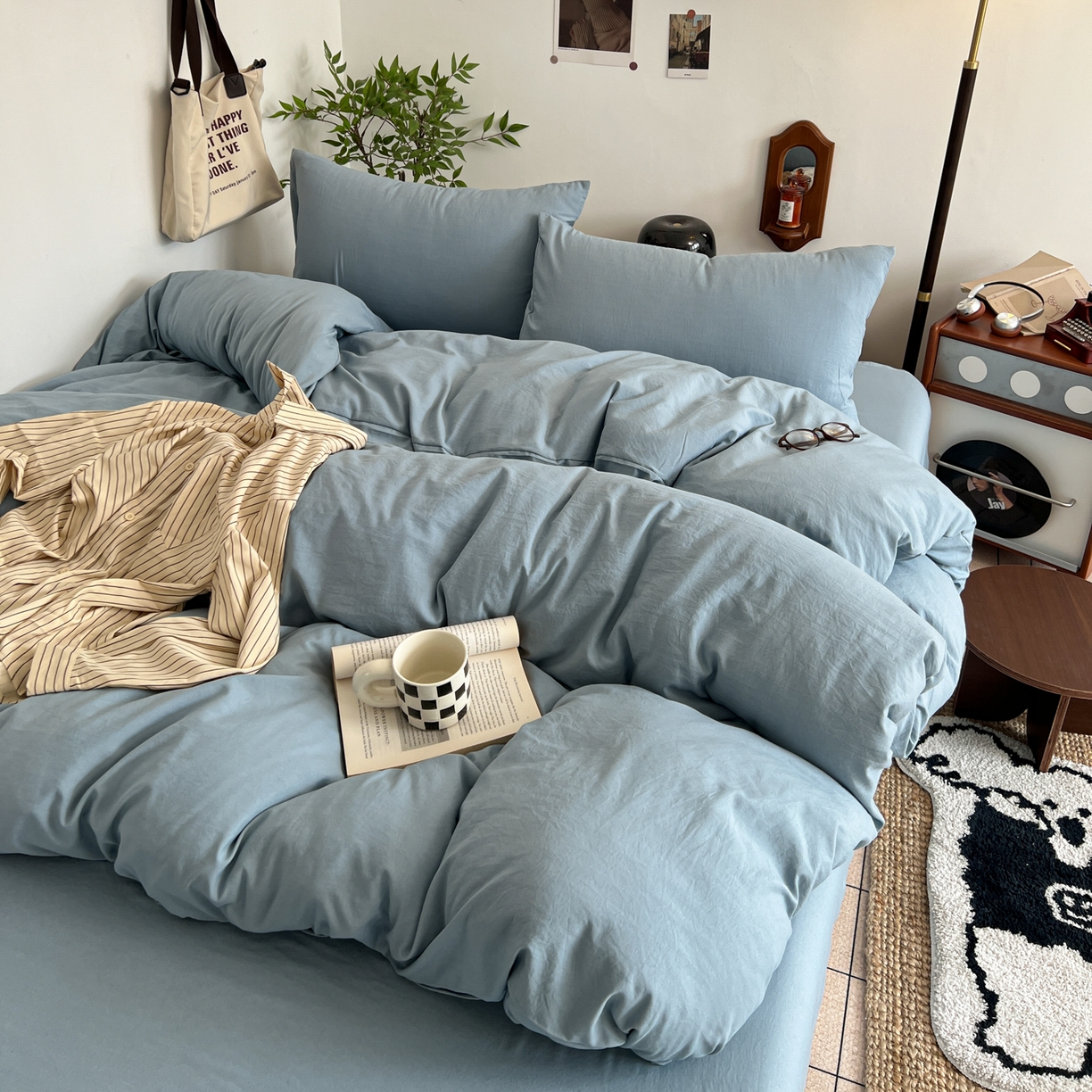 91家纺网 家纺一手货源 找家纺 （总）梦嘉居 2026新款亲肤纯色AB版水洗皱皱棉四件套学生宿舍床单床笠三件套