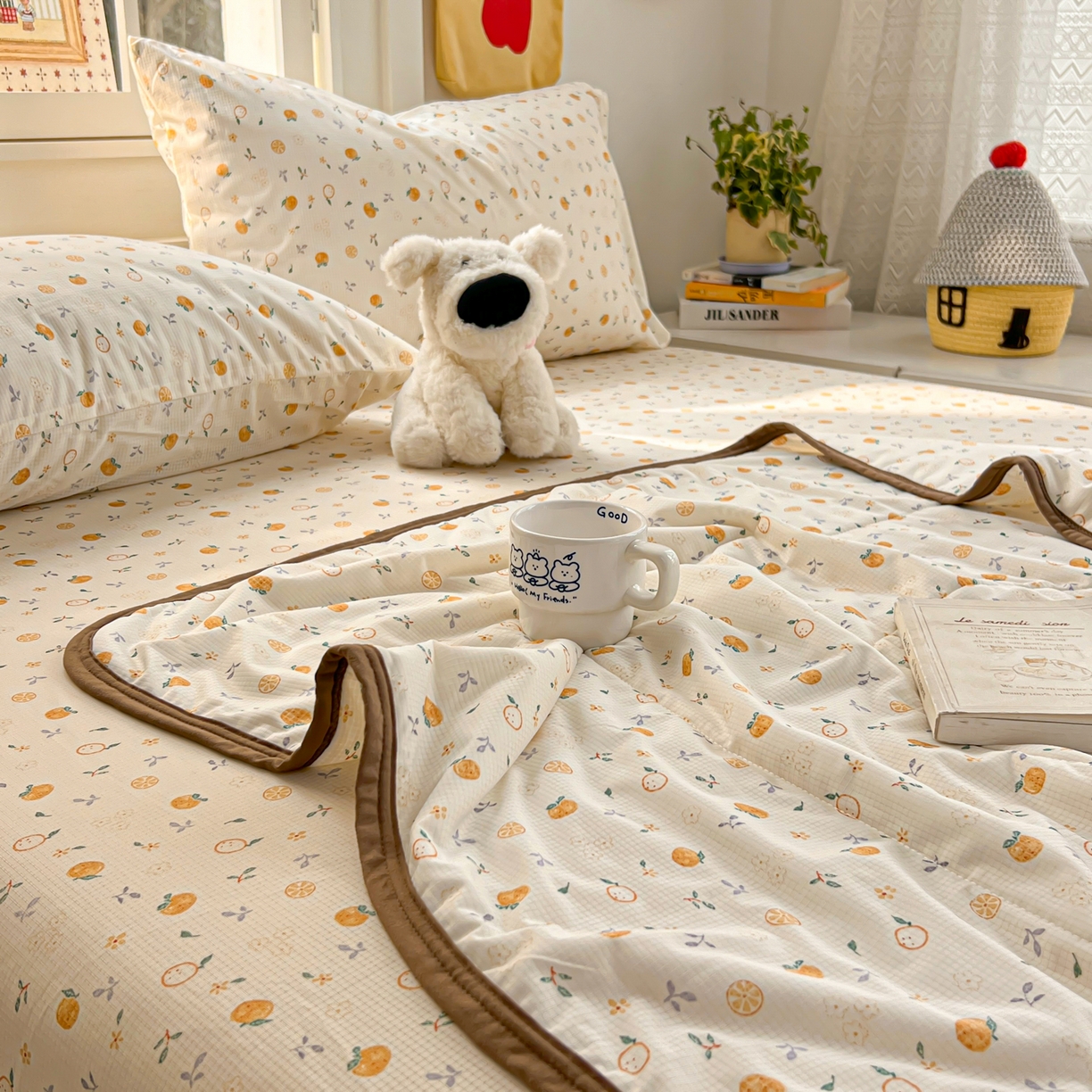 91家纺网 家纺一手货源 找家纺 希诺家居 2026新款冰肤格凉感夏被夏凉被空调被床笠四件套小冰格空调被 蜜桔夏风