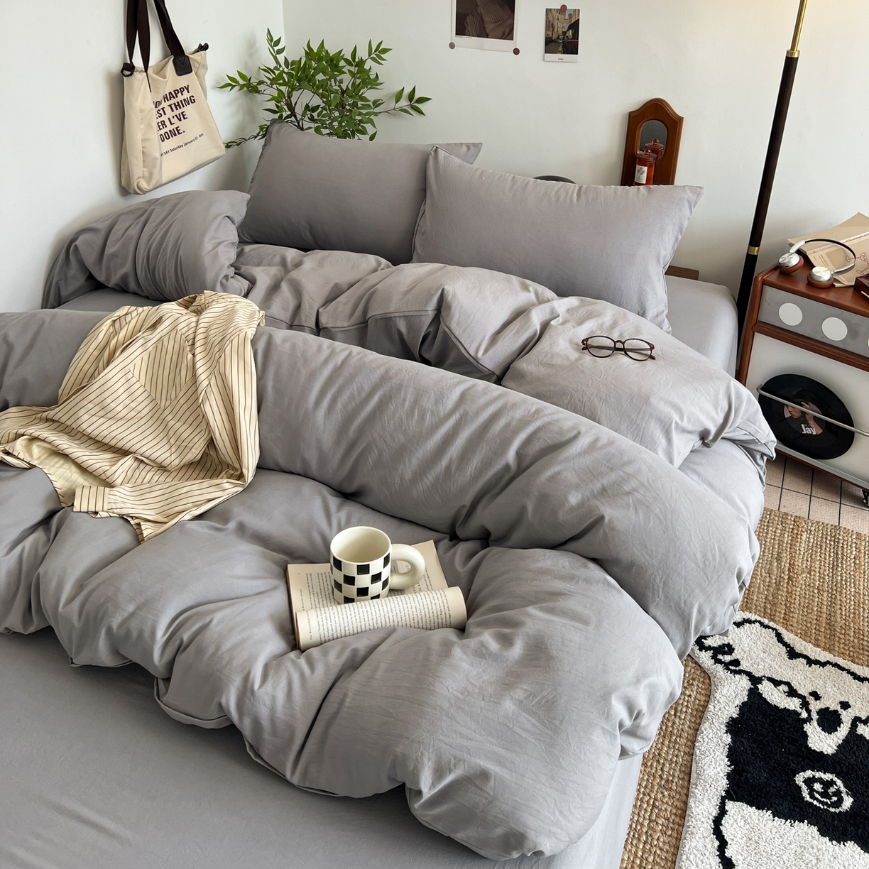 91家纺网 家纺一手货源 找家纺 （总）梦嘉居 2026新款亲肤纯色AB版水洗皱皱棉四件套学生宿舍床单床笠三件套