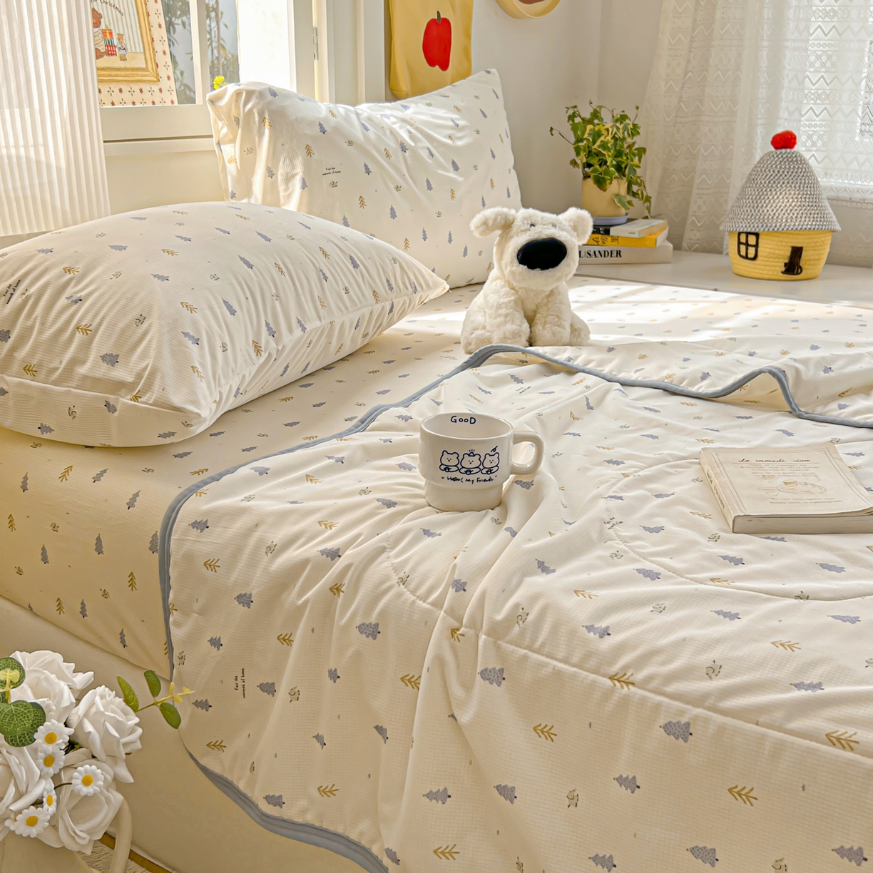 91家纺网 家纺一手货源 找家纺 希诺家居 2026新款冰肤格凉感夏被夏凉被空调被床笠四件套小冰格空调被 夏日松林