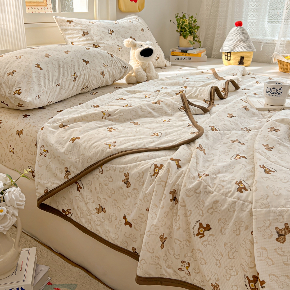 91家纺网 家纺一手货源 找家纺 希诺家居 2026新款冰肤格凉感夏被夏凉被空调被床笠四件套小冰格空调被 复古小马