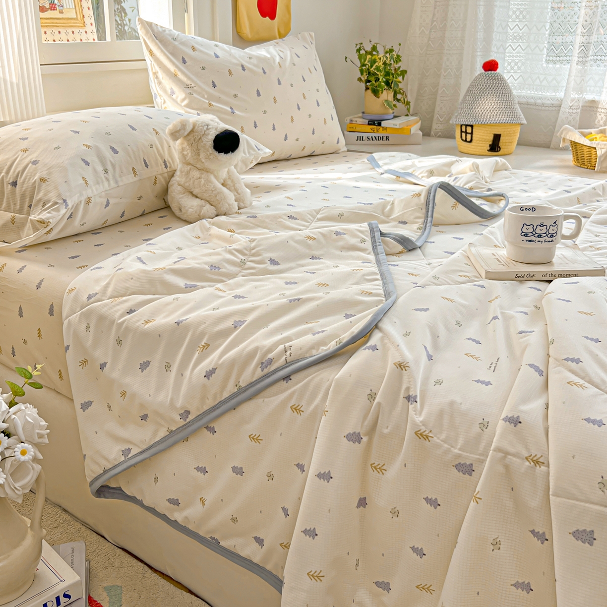 91家纺网 家纺一手货源 找家纺 希诺家居 2026新款冰肤格凉感夏被夏凉被空调被床笠四件套小冰格空调被 夏日松林