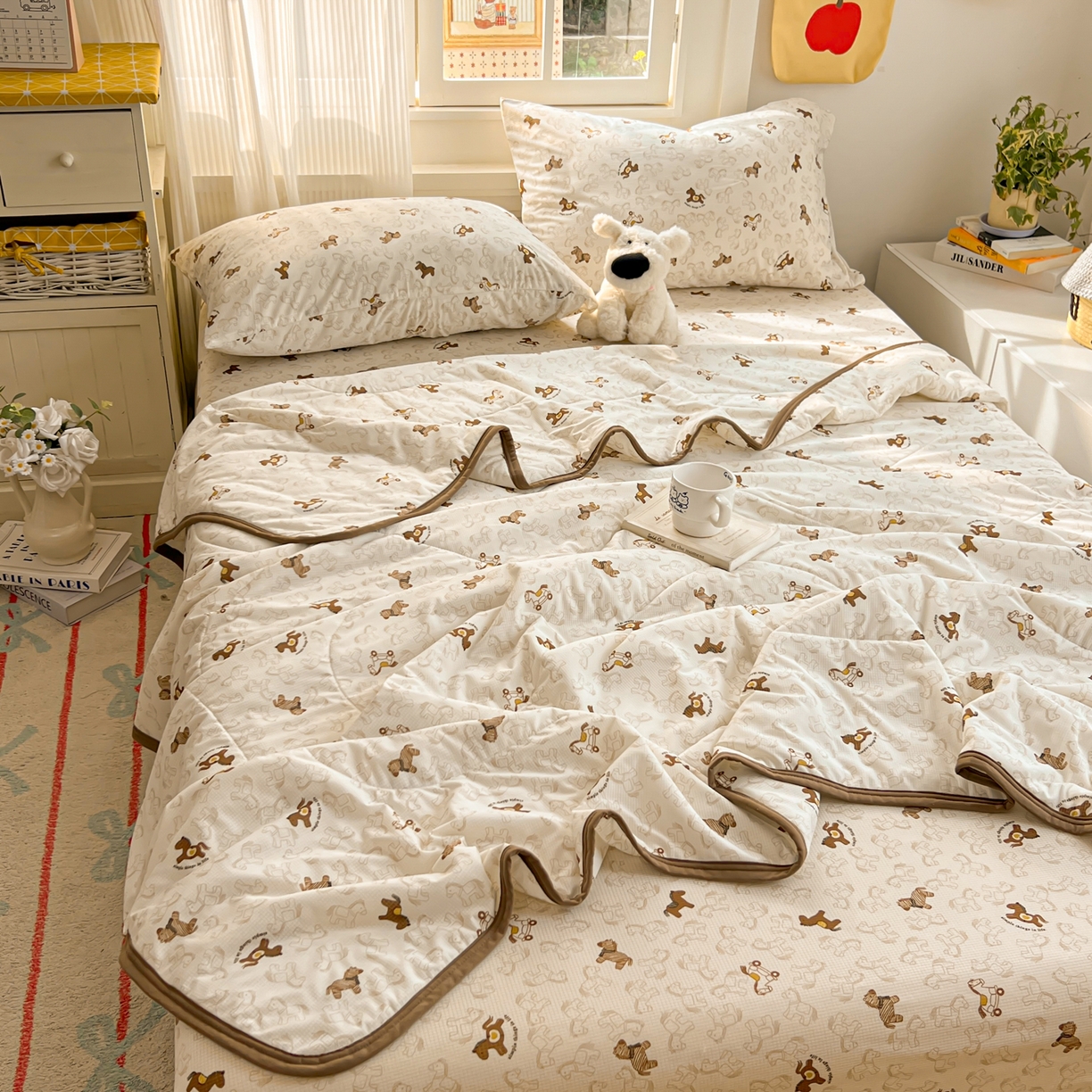 91家纺网 家纺一手货源 找家纺 希诺家居 2026新款冰肤格凉感夏被夏凉被空调被床笠四件套小冰格空调被 复古小马