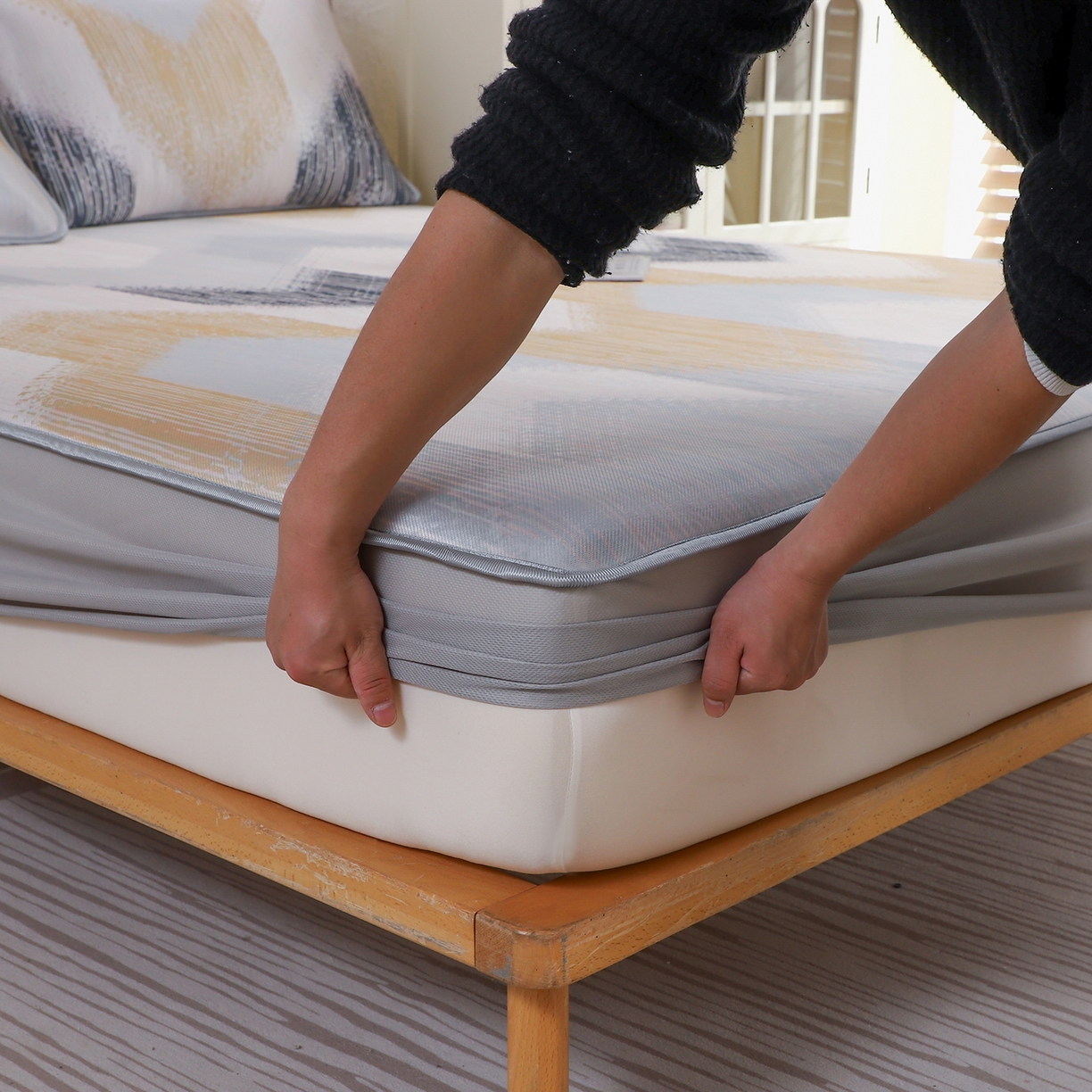 91家纺网 家纺一手货源 找家纺 小萌虎 2026新款碳光冰丝凉席床笠款拍法二 莫奈