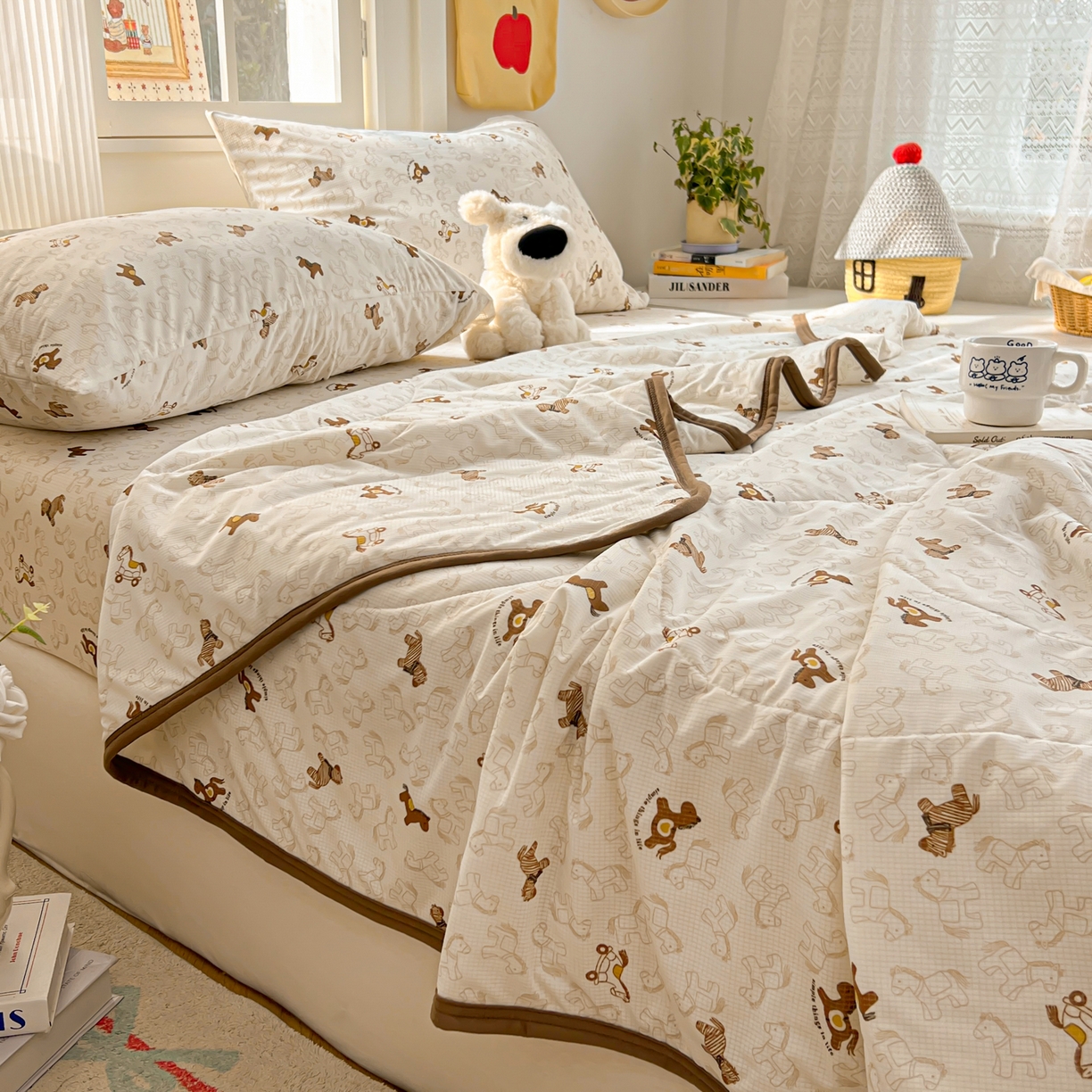 91家纺网 家纺一手货源 找家纺 希诺家居 2026新款冰肤格凉感夏被夏凉被空调被床笠四件套小冰格空调被 复古小马