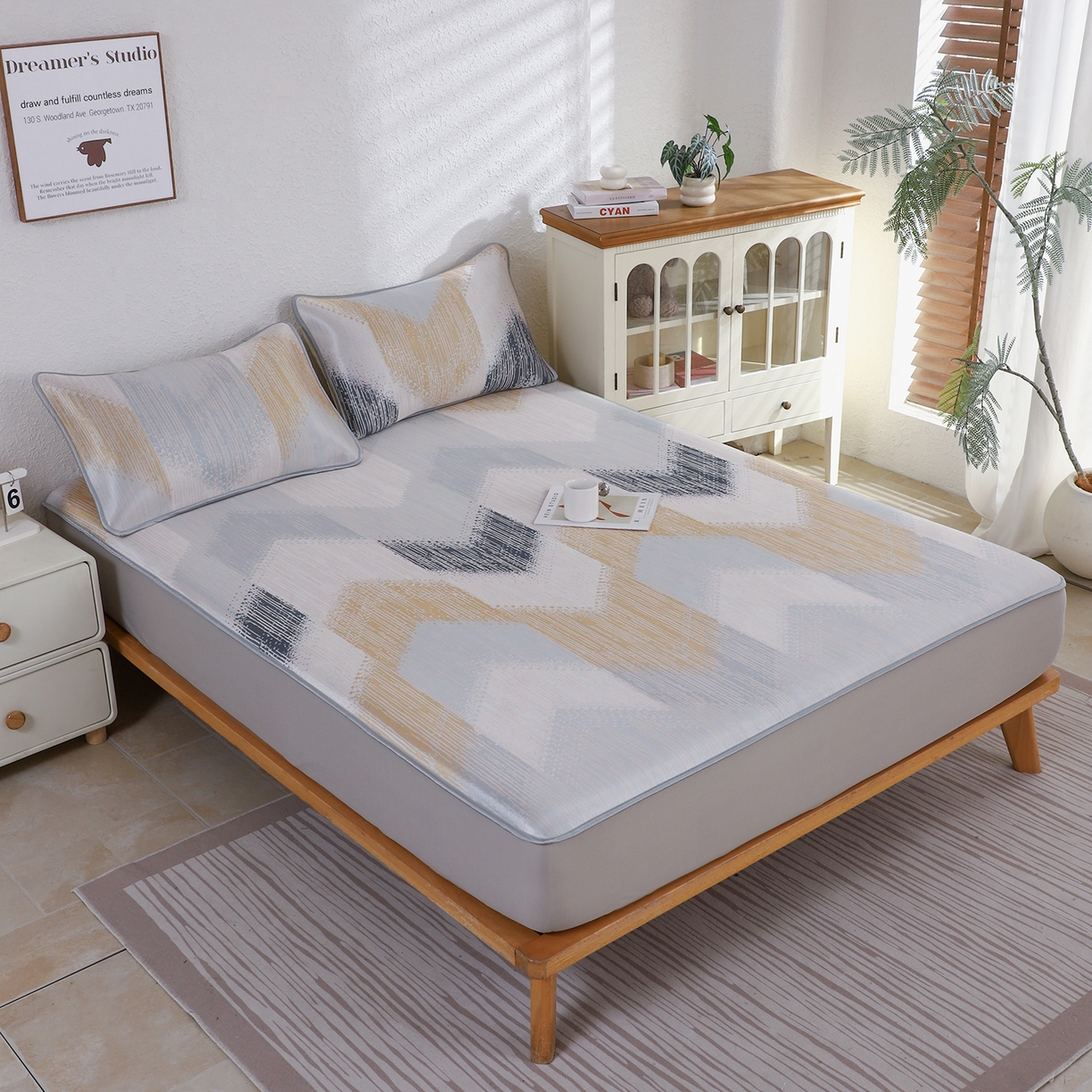 91家纺网 家纺一手货源 找家纺 小萌虎 2026新款碳光冰丝凉席床笠款拍法二 莫奈