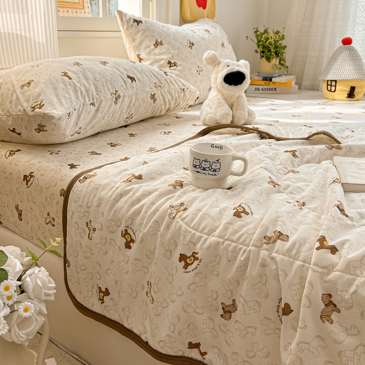 91家纺网 家纺一手货源 找家纺 希诺家居 2026新款冰肤格凉感夏被夏凉被空调被床笠四件套小冰格空调被 复古小马