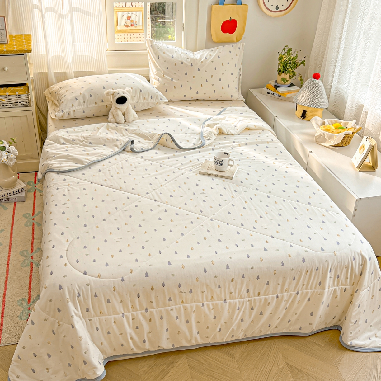 91家纺网 家纺一手货源 找家纺 希诺家居 2026新款冰肤格凉感夏被夏凉被空调被床笠四件套小冰格空调被 夏日松林