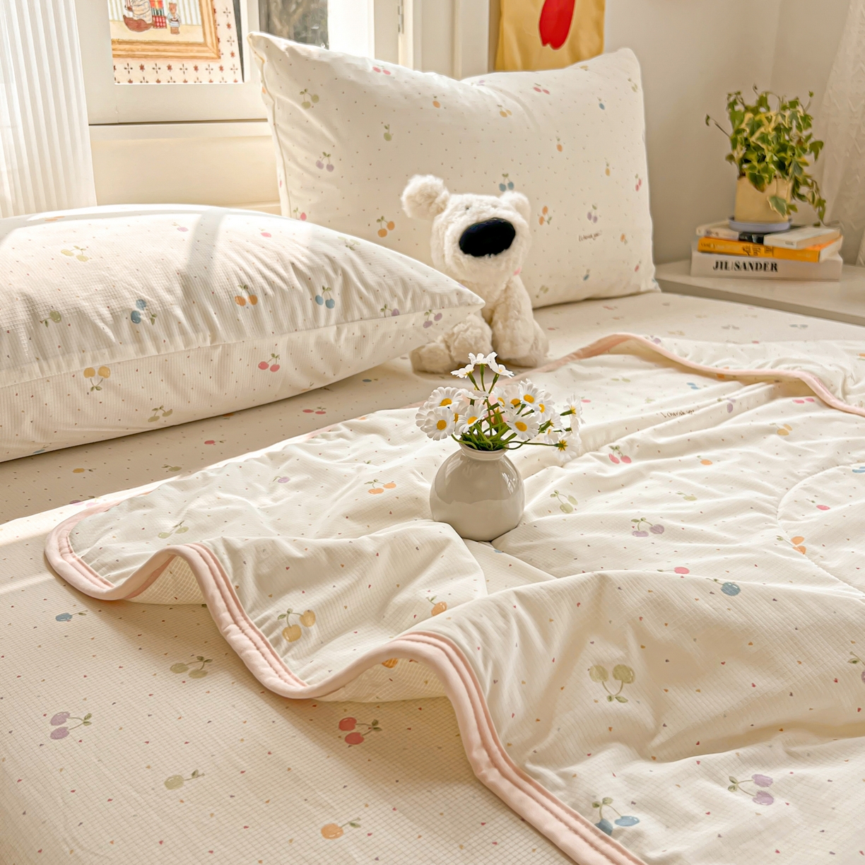 91家纺网 家纺一手货源 找家纺 希诺家居 2026新款冰肤格凉感夏被夏凉被空调被床笠四件套小冰格空调被 缤纷樱桃