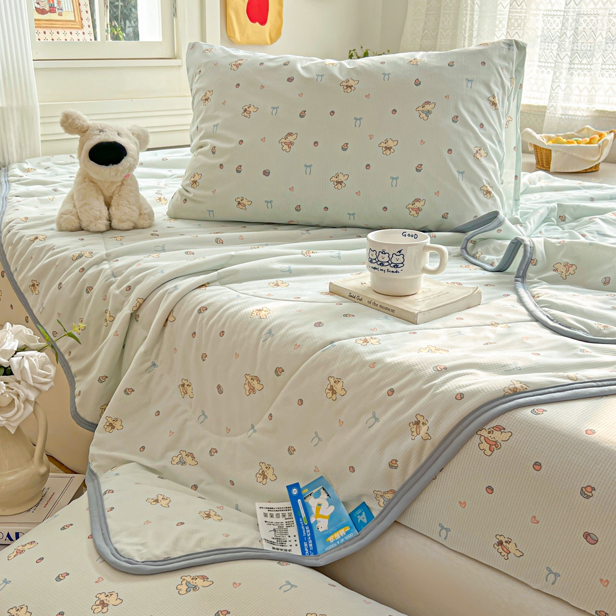 91家纺网 家纺一手货源 找家纺 希诺家居 2026新款冰肤格凉感夏被夏凉被空调被床笠四件套小冰格空调被 海盐薄荷狗