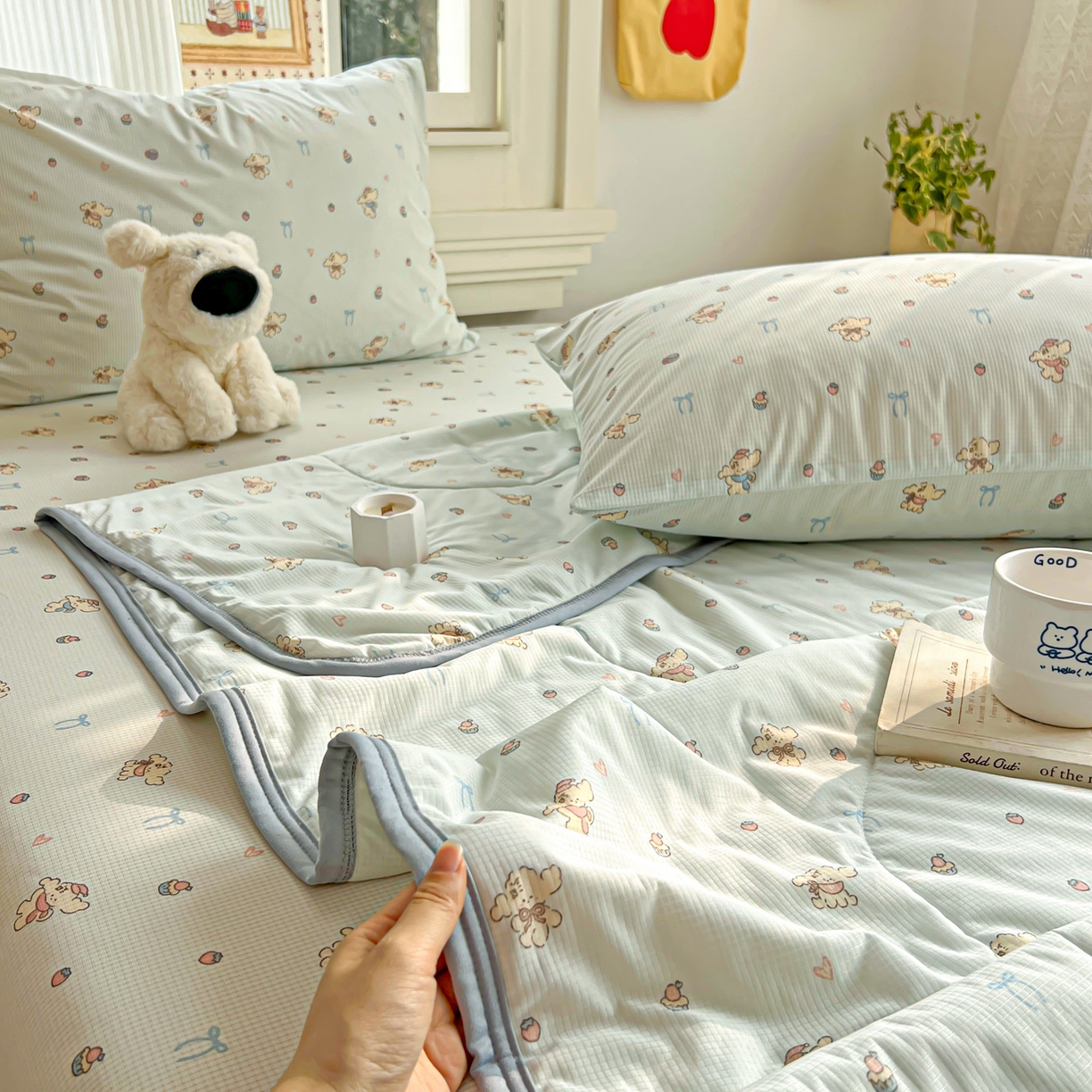 91家纺网 家纺一手货源 找家纺 希诺家居 2026新款冰肤格凉感夏被夏凉被空调被床笠四件套小冰格空调被 海盐薄荷狗