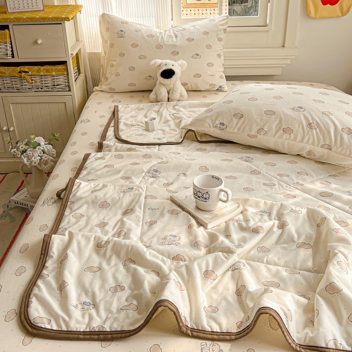 91家纺网 家纺一手货源 找家纺 希诺家居 2026新款冰肤格凉感夏被夏凉被空调被床笠四件套小冰格空调被 云朵小象