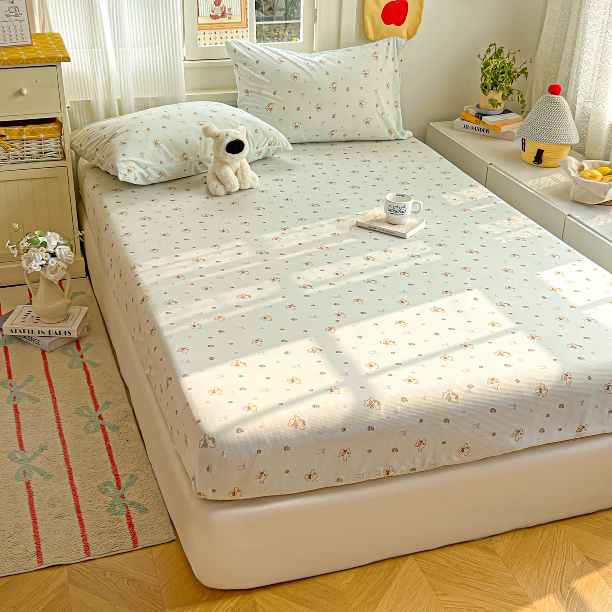 91家纺网 家纺一手货源 找家纺 希诺家居 2026新款冰肤格凉感夏被夏凉被空调被床笠四件套小冰格空调被 海盐薄荷狗