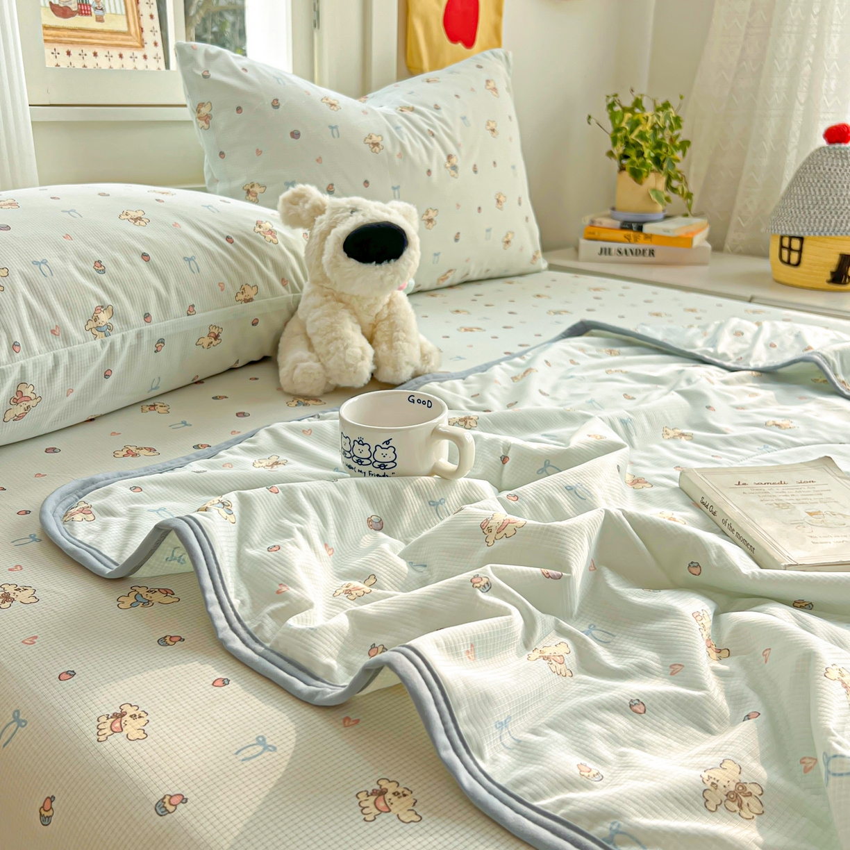 91家纺网 家纺一手货源 找家纺 希诺家居 2026新款冰肤格凉感夏被夏凉被空调被床笠四件套小冰格空调被 海盐薄荷狗