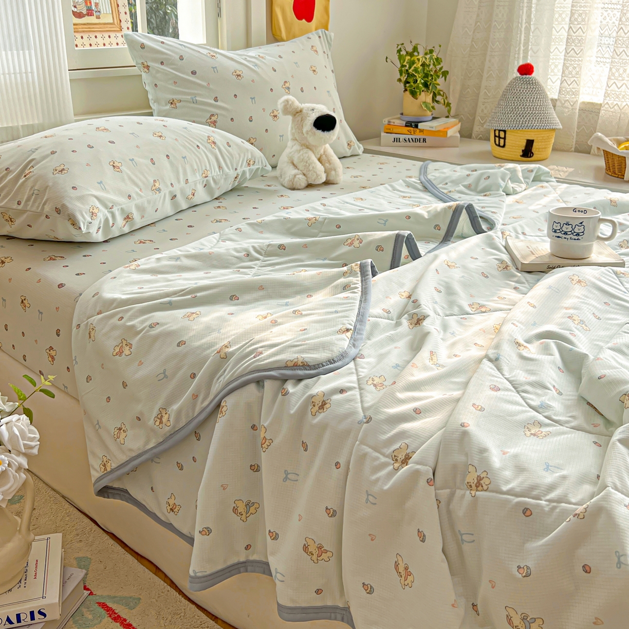 91家纺网 家纺一手货源 找家纺 希诺家居 2026新款冰肤格凉感夏被夏凉被空调被床笠四件套小冰格空调被 海盐薄荷狗