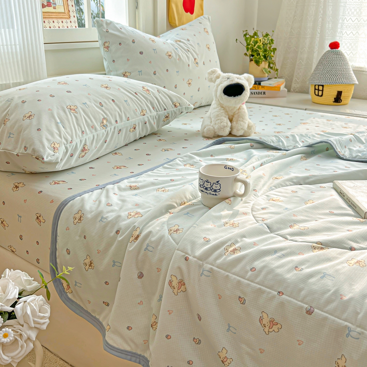 91家纺网 家纺一手货源 找家纺 希诺家居 2026新款冰肤格凉感夏被夏凉被空调被床笠四件套小冰格空调被 海盐薄荷狗