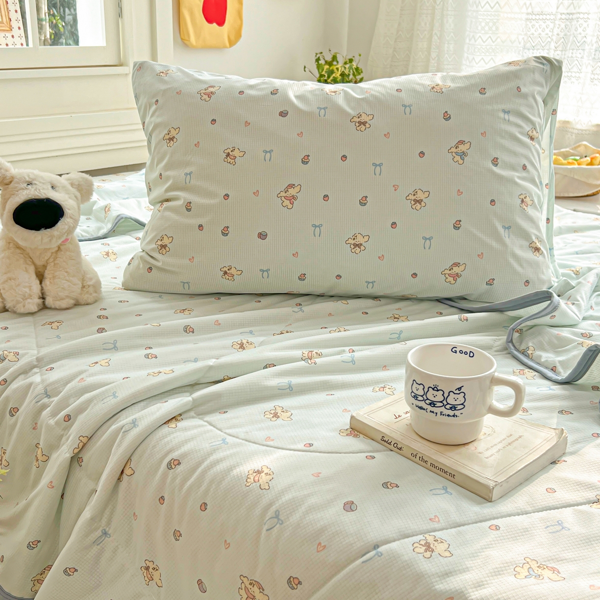 91家纺网 家纺一手货源 找家纺 希诺家居 2026新款冰肤格凉感夏被夏凉被空调被床笠四件套小冰格空调被 海盐薄荷狗