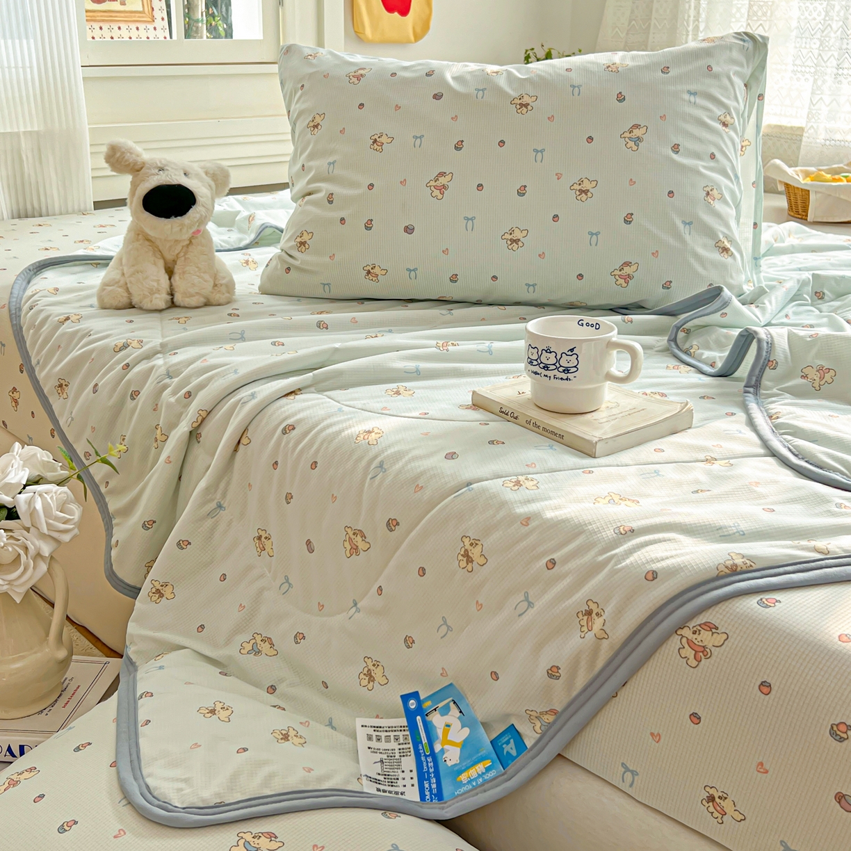 91家纺网 家纺一手货源 找家纺 希诺家居 2026新款冰肤格凉感夏被夏凉被空调被床笠四件套小冰格空调被 海盐薄荷狗