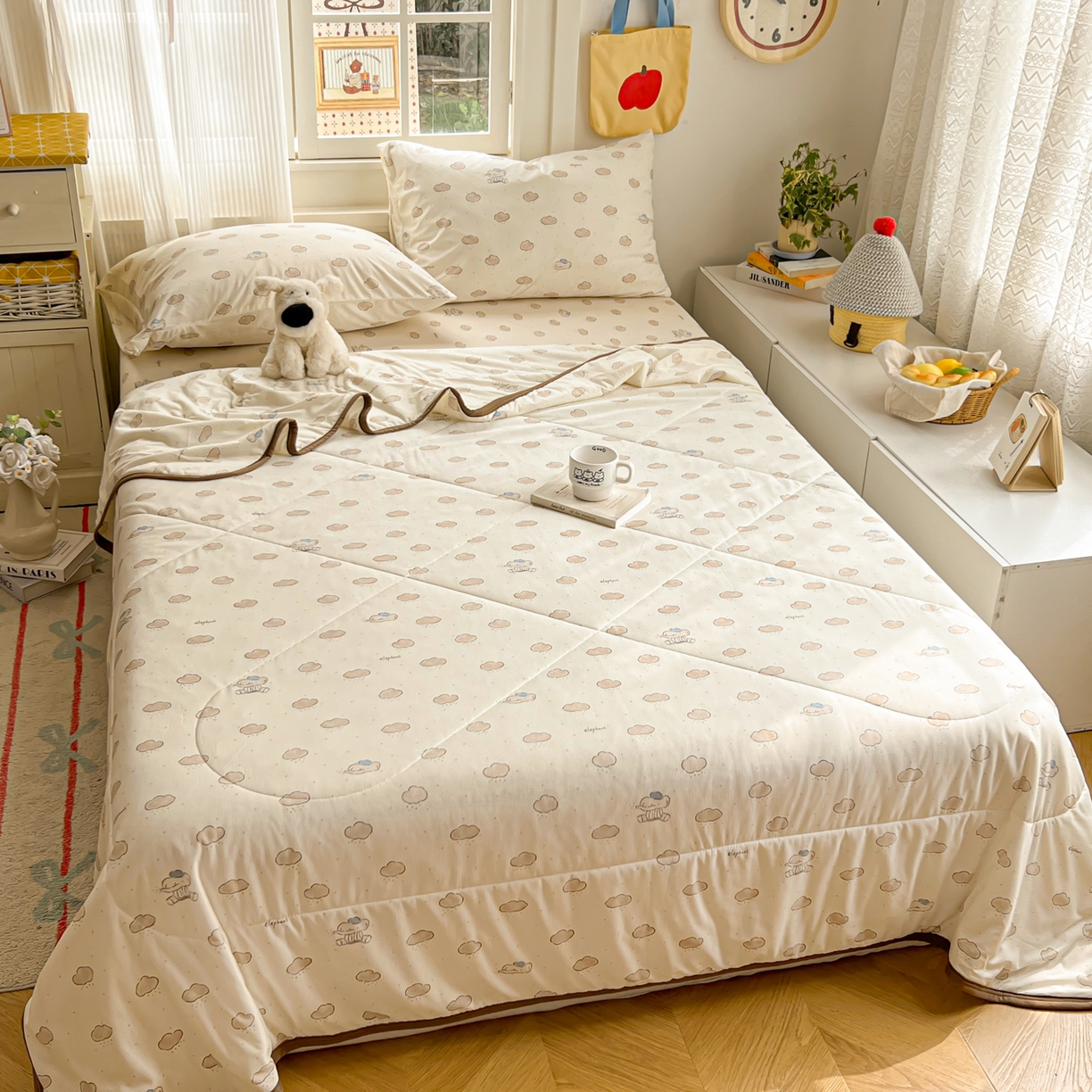 91家纺网 家纺一手货源 找家纺 希诺家居 2026新款冰肤格凉感夏被夏凉被空调被床笠四件套小冰格空调被 云朵小象