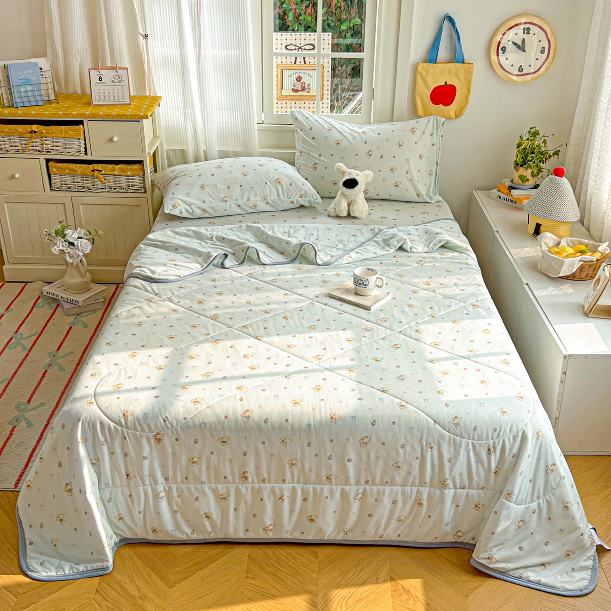 91家纺网 家纺一手货源 找家纺 希诺家居 2026新款冰肤格凉感夏被夏凉被空调被床笠四件套小冰格空调被 海盐薄荷狗