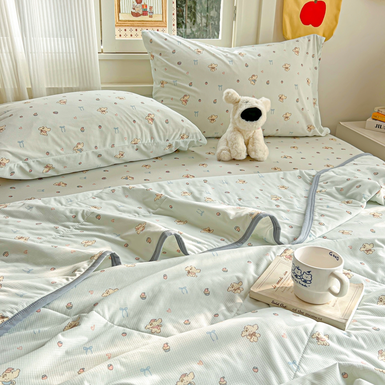 91家纺网 家纺一手货源 找家纺 希诺家居 2026新款冰肤格凉感夏被夏凉被空调被床笠四件套小冰格空调被 海盐薄荷狗