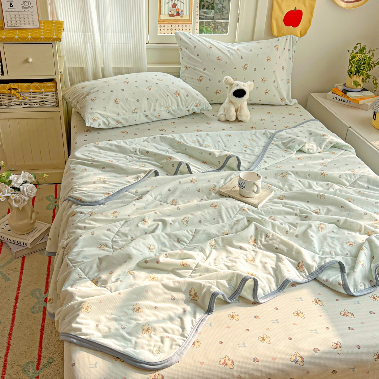 91家纺网 家纺一手货源 找家纺 希诺家居 2026新款冰肤格凉感夏被夏凉被空调被床笠四件套小冰格空调被 海盐薄荷狗